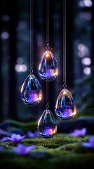 Glass Easter eggs with iridescent finishes suspended over twilight forest with bioluminescent flowers, fantasy 3D scene
