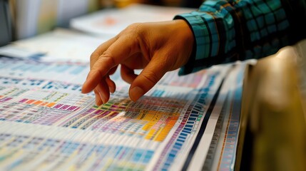 Business analyst checking reports on a printed spreadsheet. 