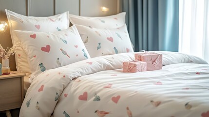 Beautiful bedroom bedding featuring hearts birds and two gift boxes