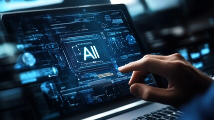 Digital Interface with AI Display and Human Hand Interaction over Laptop, Blue Hue