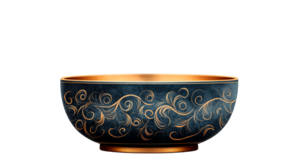 Ornate bowl with gold design on black, cut out transparent