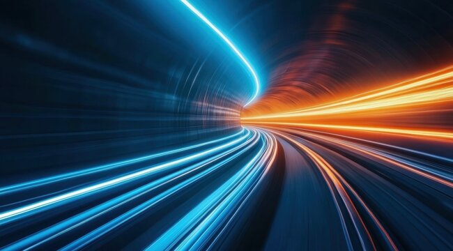 Digital data tunnel with glowing blue and orange lights, representing fast internet speed in a futuristic technology background.