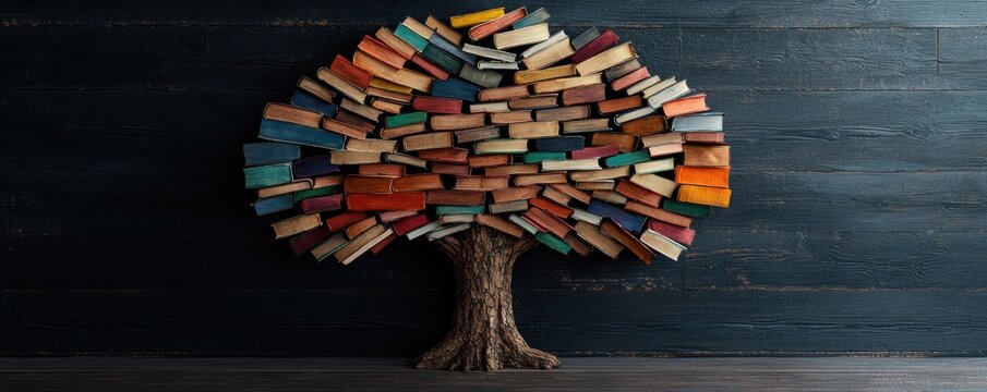A creative representation of a tree made from colorful stacked books on a dark background.