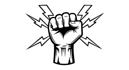 Bold clenched fist with dynamic lightning strikes, black and white, symbol of power and energy