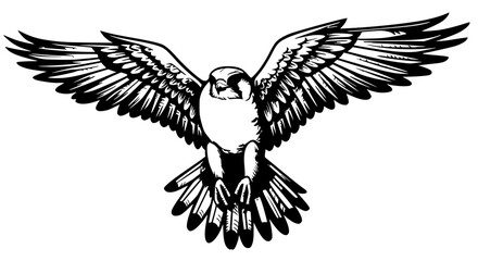 Fototapeta premium Graceful falcon in flight with spread wings, black and white, soaring bird of prey, isolated