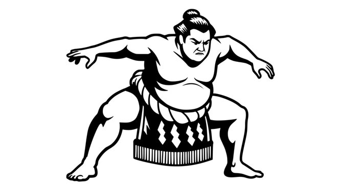 recommend clip art: Focused sumo wrestler in shiko stance, black and white, ready for a match, isolated