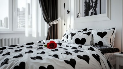 A decorated bedroom with a rose and heart patterned bedding