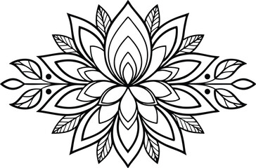 Black and White Floral Mandala with Leaves, Flower Pattern on Transparent Background