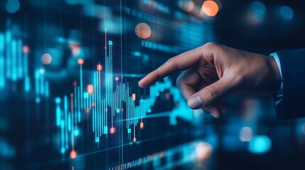Fototapeta premium Finger Points at Blue Stock Market Chart on Screen with Graph and Data Analysis