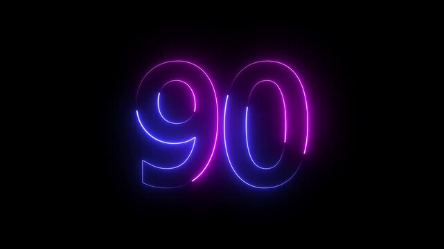 The neon 90 text icon animation displays glowing "90" digits, smoothly transitioning between bright neon colors, with pulsating light effects, creating a vibrant, futuristic visual experience.