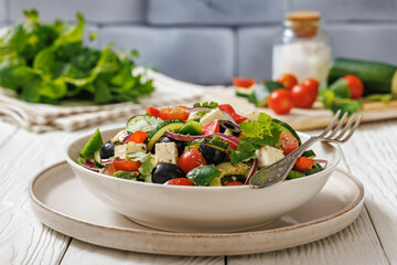 greek salad of veggies, olives, cheese in bowl
