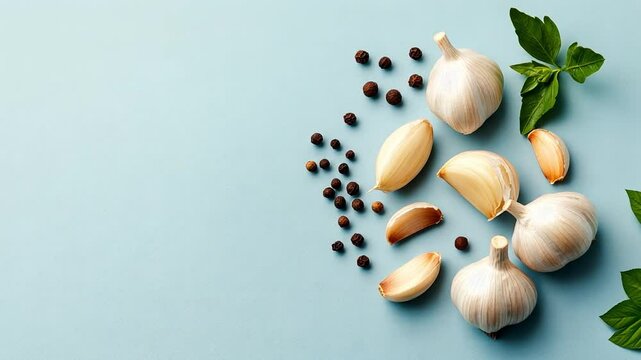 Fresh garlic and spices on a light blue background