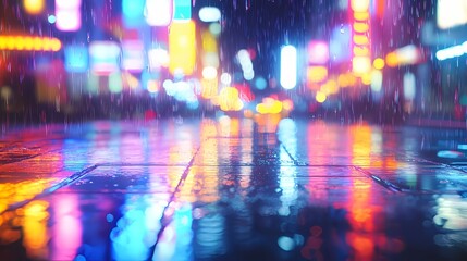 Rainy Urban Streetscape Reflection of City Lights on Pavement