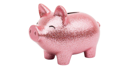 Rose piggy bank close up, on black background, cut out transparent