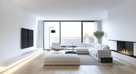 Modern white living room with fireplace, city view, and sleek design