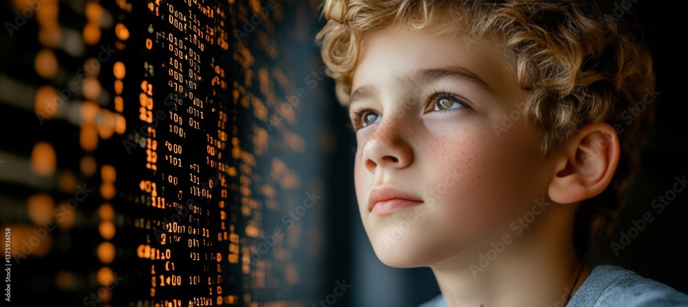 Poster young boy gazing at a wall of binary code artificial intelligence, learning, coding concept.