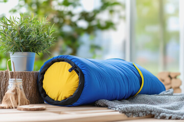 Fototapeta premium Cozy sleeping bag placed next to a vibrant pot of plants in a lush green outdoor environment