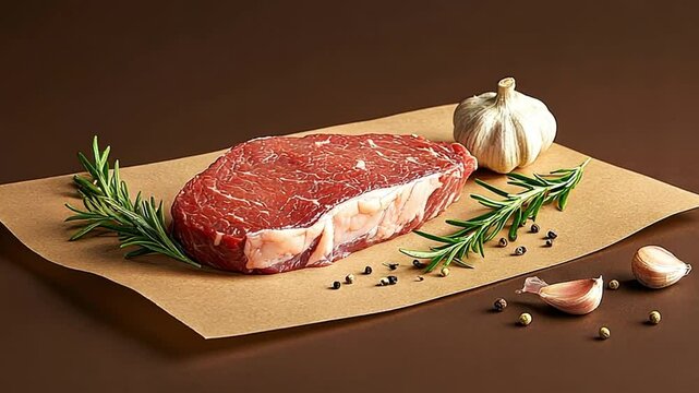 Fresh ribeye steak with herbs and garlic on a brown background