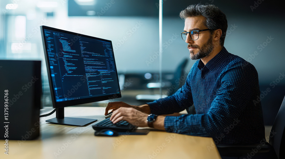 Poster professional businessman using computer for coding in modern office environment, focused on software