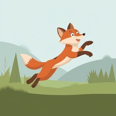 Obraz premium A vibrant digital illustration of an energetic orange fox mid-leap, surrounded by a soft forest landscape. Perfect for children’s books, nature themes, and wildlife designs. 