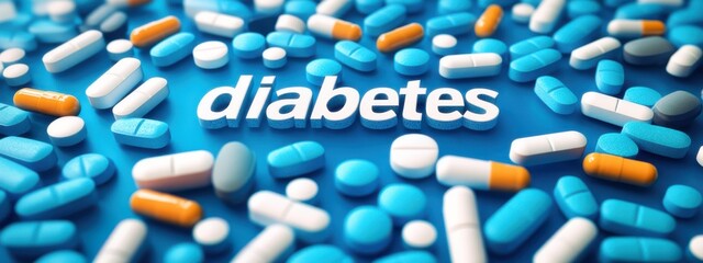 Assorted diabetes medications and tablets arranged on a vibrant blue background showcasing health importance