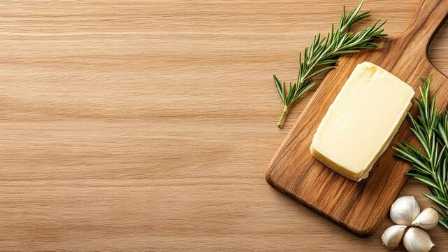 Fresh butter with herbs and garlic on a wooden cutting board