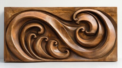 Abstract wooden sculpture with undulating wave patterns, ornate carvings, and a rich, warm texture.