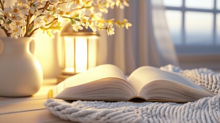 Open book on knees, wool blanket and glowing table lamp nearby, quiet evening mood