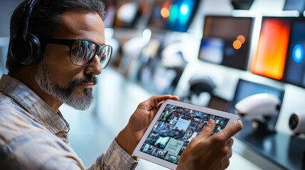 Man Reviewing Security Footage on Tablet in Surveillance Equipment Store, Monitoring, Technology, Safety, Smart Home, Professional, Headphones, Modern Electronics, Detailed Intense Inspection