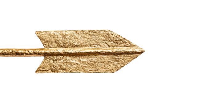 Golden arrow points right direction, metallic texture, cut out transparent