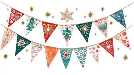 Obraz premium Colorful Festive Bunting Flags with Christmas and Winter Elements on White Background for Seasonal Decor and Celebrations