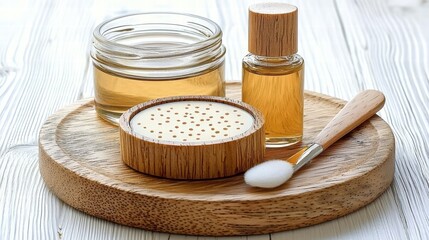 Fototapeta premium Rustic presentation of a jar of honey with a wooden spoon on a charming wooden tray