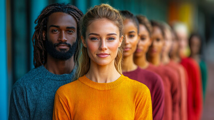 Fototapeta premium Diverse Group of Business Professionals Standing in Line Showing Inclusion and Leadership in Modern Workplace Setting