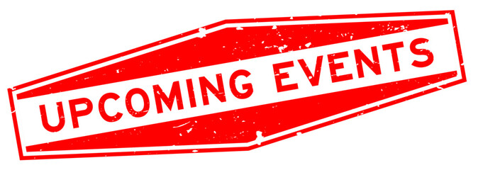 Grunge red upcoming events word hexagon rubber seal stamp on white background