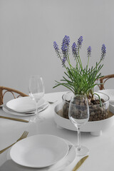 Table setting with beautiful Muscari flowers in dining room, closeup