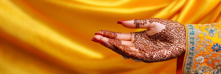 Hand displaying intricate henna designs with vibrant orange and gold fabric backdrop. Celebratory context highlights cultural significance in various ceremonies