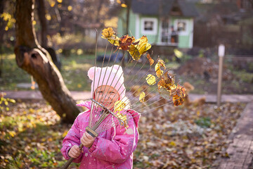 Child Enjoying Autumn Raking Leaves in the Garden