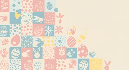 Fototapeta premium A creative Easter patchwork background with various patterns and motifs, ideal for scrapbooking or Easter-themed design projects.