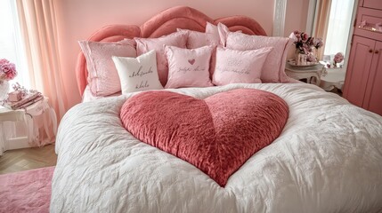 A romantic bedroom with a large heart shaped bed decoration