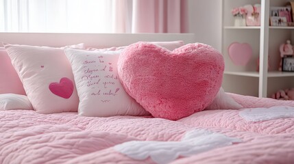 A cozy pink bed decorated with heartshaped pillows