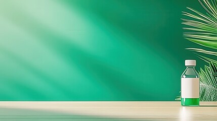 A clean minimalist office desk features a bottle of disinfectant against a vibrant green background bathed in sunlight with a tropical plant adding a touch of nature to the