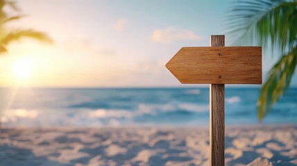 A wooden signpost points towards the beach with ocean waves and a sunset in the background, surrounded by palm trees, evoking a tranquil tropical vibe.