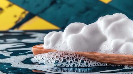 Close-up shot of rich, creamy soap suds piled high on a wooden spoon floating in a pool of soapy water against a vibrant yellow and teal background.