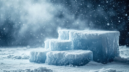 A podium made of thick ice blocks, set against a backdrop of heavy snowfall 