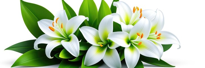 Fototapeta premium Elegant white lilies with green leaves on clean white background