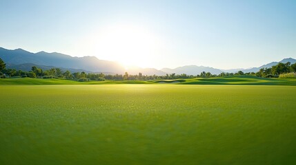 A serene golf course landscape at sunrise, featuring lush greenery and distant mountains under a clear blue sky.