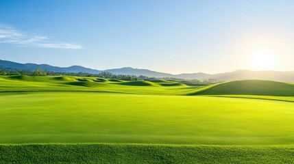 Obraz premium A serene golf course landscape with lush green hills under a clear blue sky, illuminated by the warm glow of the setting sun.
