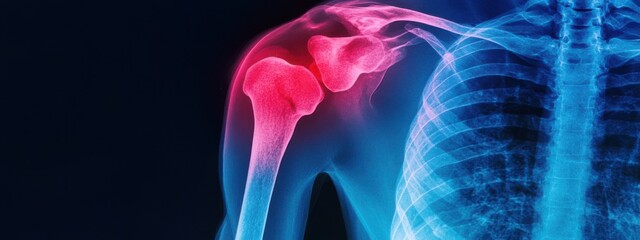 Examination of a shoulder joint highlighting inflammation or injury in a medical imaging setting