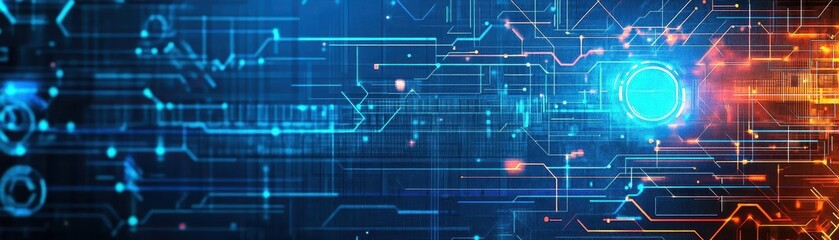 Colorful circuit with blue and orange background, highlighting the integration of technology and modern design elements