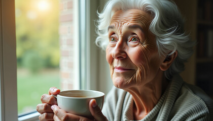 Elderly woman enjoying a peaceful moment with a cup of tea by the window  